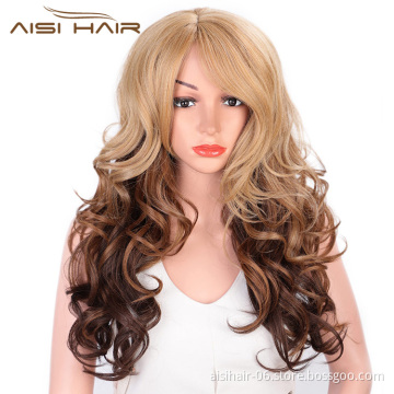Aisi Hair Ombre Blonde to Brown Synthetic Wigs Part Side Long Wave Wigs For Black Women Glueless Heat Resistant Fiber Wigs